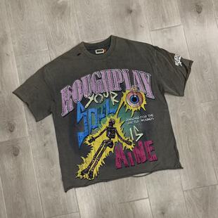 潮牌RoughPlay美式骷髅人洗水做旧烫钻复古圆领纯棉宽松短袖T恤衫