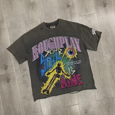 潮牌RoughPlay美式骷髅人洗水做旧烫钻复古圆领纯棉宽松短袖T恤衫