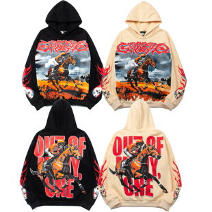 Godspeed骑马骷髅人印花复古美式潮牌嘻哈ins男女抓绒卫衣连帽衫