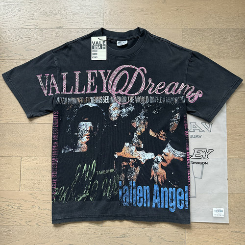 Vale Valley美式复古印花烫钻洗水做旧潮牌夏重磅双纱纯棉短袖T恤