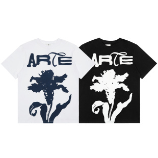 上衣INS高街百搭宽松男女纯棉T恤衫 潮牌Arte美式 花卉字母印花短袖