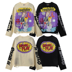 潮牌ins宽松纯棉长袖 T恤 Play复古卡通动漫做旧破洞烫钻美式 Rough