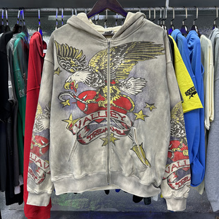 雄鹰印花复古洗水做旧INS纯棉拉链卫衣连帽衫 Valley美式 潮牌Vale