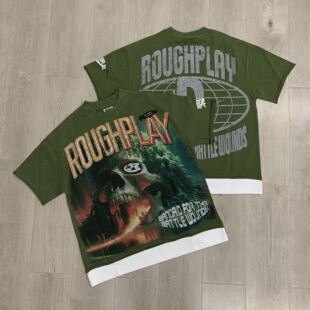 RoughPlay美式INS款高街短袖复古烫钻假两件休闲宽松纯棉T恤上衣