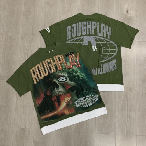 RoughPlay美式INS款高街短袖复古烫钻假两件休闲宽松纯棉T恤上衣