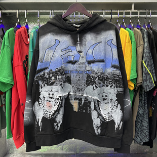 Valley小狗印花美潮复古洗水做旧街头嘻哈纯棉毛圈连帽卫衣 Vale