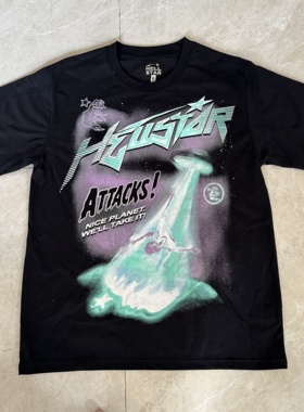 美式复古UFO外星人印花ins潮牌高街摇滚嘻哈休闲宽松纯棉短袖T恤