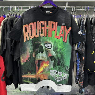 Play骷髅复古洗水烫钻拼接破洞ins纯棉圆领短袖 T恤 潮牌Rough 美式