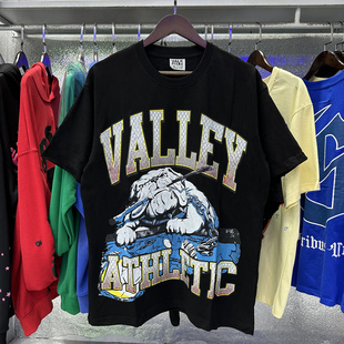 潮牌Vale 斗牛犬印花烫钻INS款 高街嘻哈男纯棉短袖 T恤 Valley美式