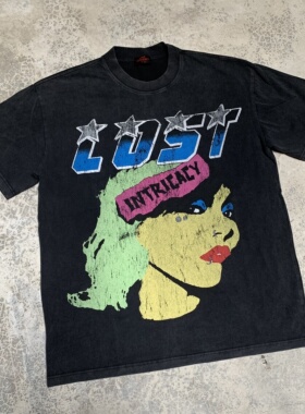 Lost intricacy复古洗水做旧字母印花美潮高街纯棉圆领短袖T恤衫