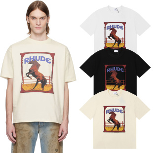 T恤 圆领纯棉短袖 RHUDE美式 潮牌26ss复古骏马印花INS嘻哈宽松夏季
