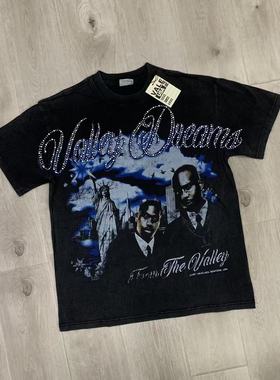 Vale Valley欧美男性印花烫钻洗水做旧潮牌嘻哈纯棉圆领短袖T恤衫