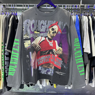 潮牌骷髅人复古做旧破洞ins纯棉宽松长袖 新款 Rough Play美式 T恤衫