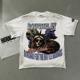 T恤衫 Play自由女神复古洗水烫钻破洞高街嘻哈纯棉短袖 美潮Rough