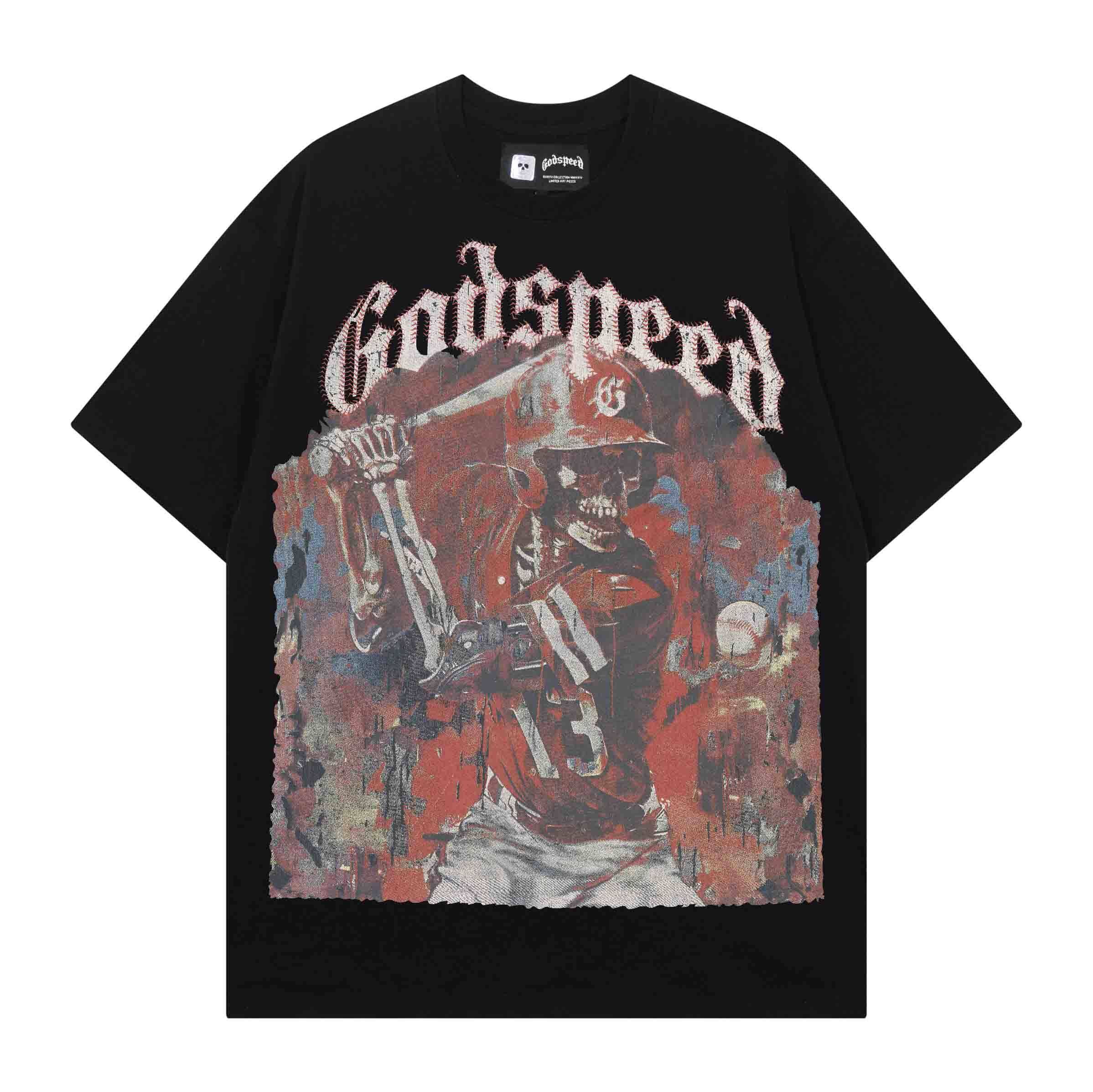 美潮godspeed复古骷髅棒球员印花INS高街嘻哈宽松夏季纯棉短袖T恤