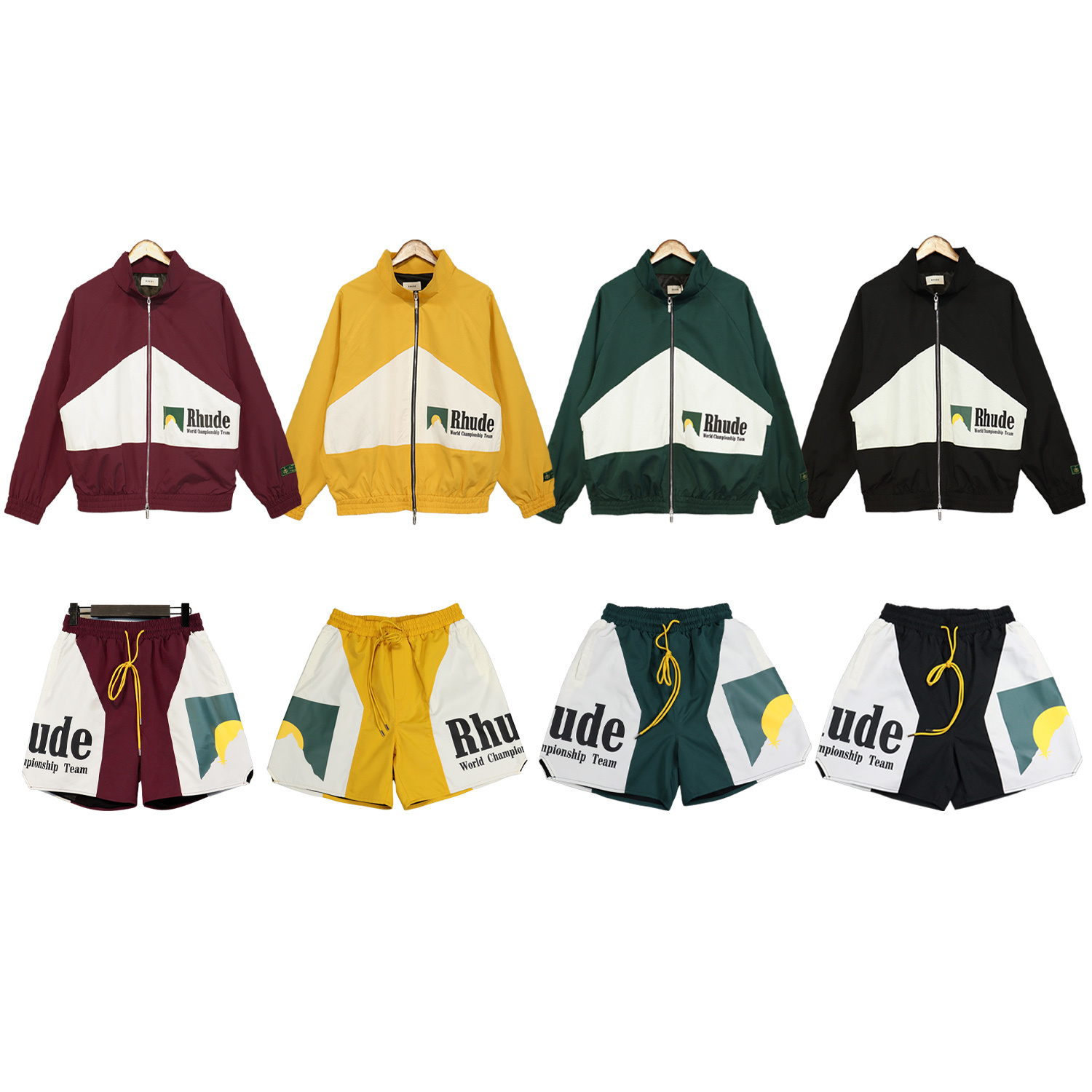 Rhude Panel Logo Short落日字母印花拼色男拉链短款外套短裤套装
