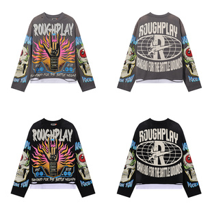 Play吉他摇滚复古潮牌洗水做旧拼接破洞ins纯棉T恤长袖 Rough 美式