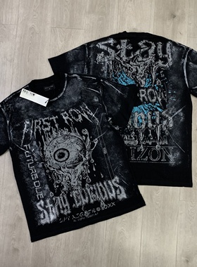 First Row眼睛印花潮牌复古做旧洗水高街夏T恤衫宽松纯棉圆领短袖