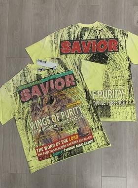 First Row满印天使潮牌烫钻做旧洗水高街夏T恤衫宽松纯棉圆领短袖