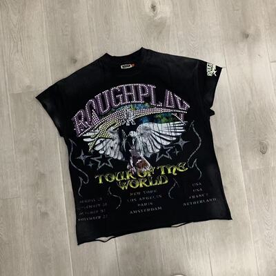 RoughPlay美式和平鸽INS款复古洗水做旧烫钻破洞纯棉坎肩无袖T恤