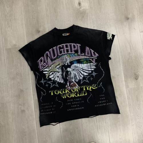 RoughPlay美式和平鸽INS款复古洗水做旧烫钻破洞纯棉坎肩无袖T恤