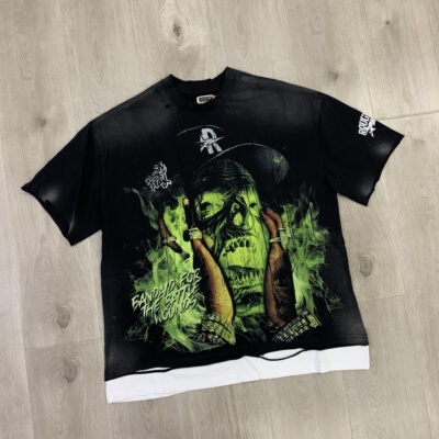 RoughPlay美潮怪兽洗水做旧破洞烫钻假两件纯棉宽松休闲短袖T恤衫