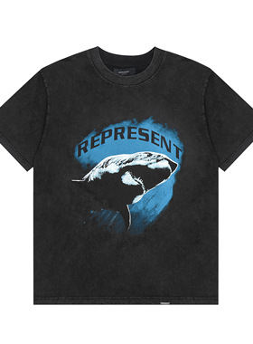 Represent复古鲨鱼ins美式潮牌嘻哈高街夏做旧纯棉圆领短袖T恤衫