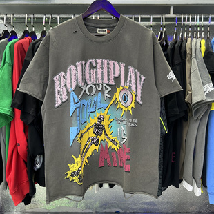 Rough T恤 Play闪电骷髅美潮复古洗水做旧烫钻破洞夏纯棉圆领短袖