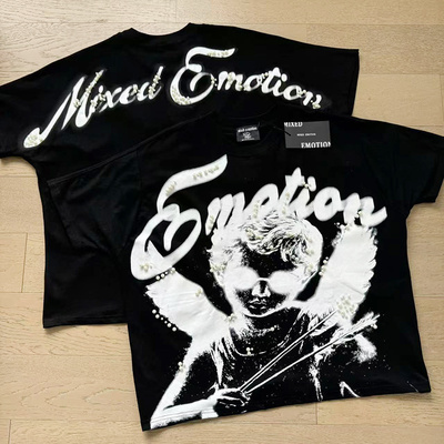 潮牌MIXED EMOTION天使印花烫钻蝙蝠袖T恤衫嘻哈夏日宽松纯棉短袖
