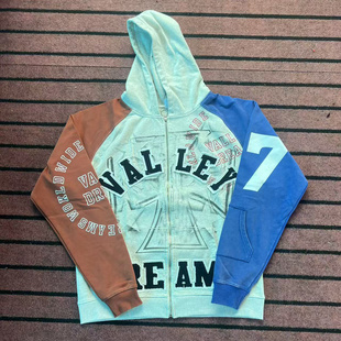 Vale Valley美式潮牌贴布字母拼色高街INS款纯棉毛圈拉链连帽卫衣