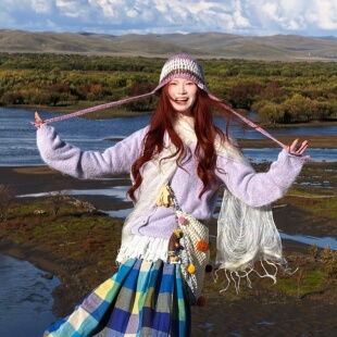 紫色温柔风圆领毛衣外套女秋冬新款韩系爱心纽扣软糯针织开衫上衣