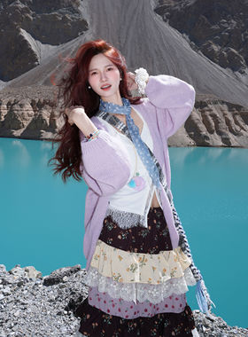 紫色毛衣开衫秋冬季新款百搭宽松长袖女韩版慵懒ins风潮针织外套