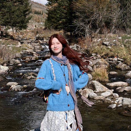 蓝色纽扣毛衣开衫秋冬季针织衫