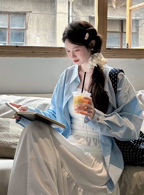 休闲宽松蓝色衬衫外套女夏季2024新款内搭衬衣高级感长袖韩版上衣