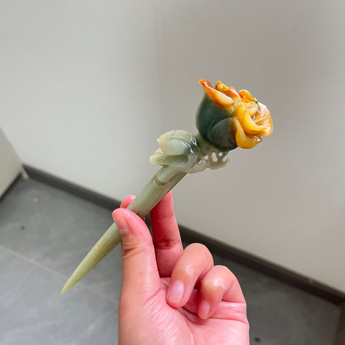 天然岫玉发簪玫瑰花发簪生日礼物送朋友长辈领导礼物配汉服旗袍