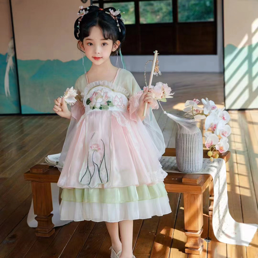 汉服女童夏宝宝中国风荷花刺绣洛丽塔蓬蓬公主连衣裙儿童改良唐装