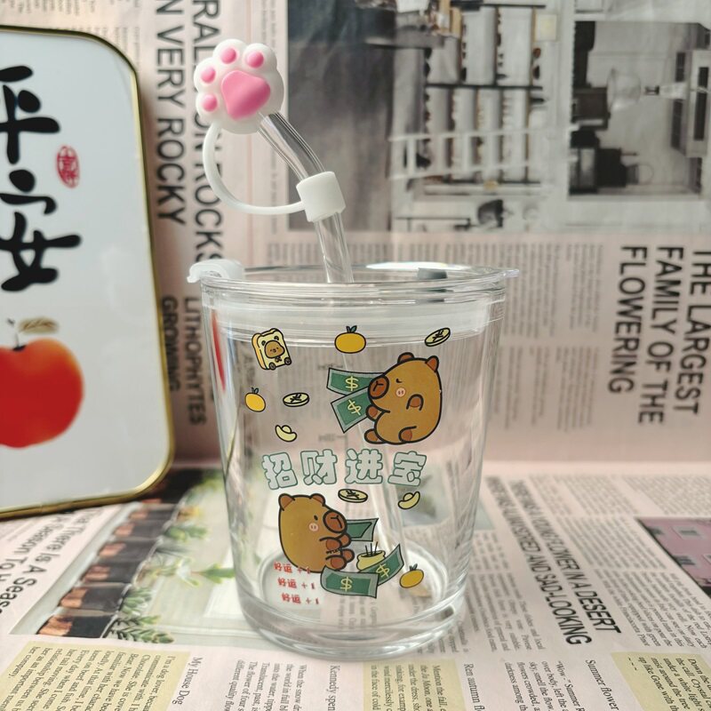 杯子ins高颜值玻璃刻度带盖吸玻璃杯