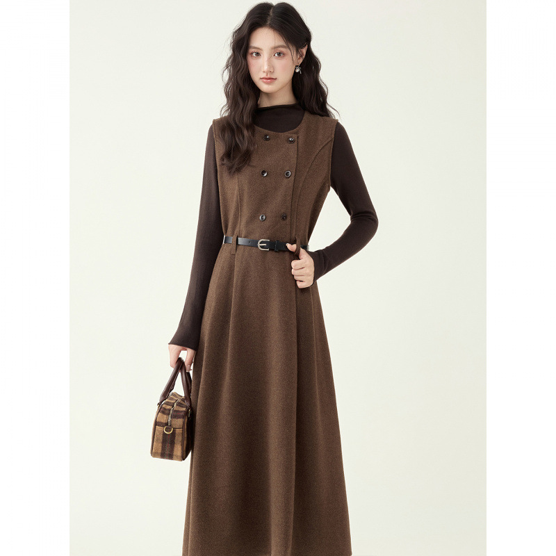 法式复古连衣裙套装加厚呢料毛呢背心裙针织打底衫两件套配皮带