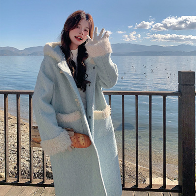 实拍蓝色减龄毛毛拼接毛呢外套2025新款中长小个子夹棉加厚呢大衣