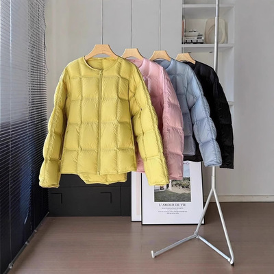 反季圆领羽绒服白鸭绒短款2025新款宽松冬季保暖泡芙加厚面包外套