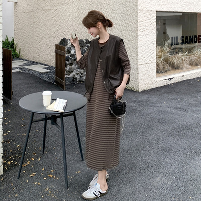 实拍咖色复古条纹卫衣连衣裙套装2025秋韩系慵懒风马甲长裙