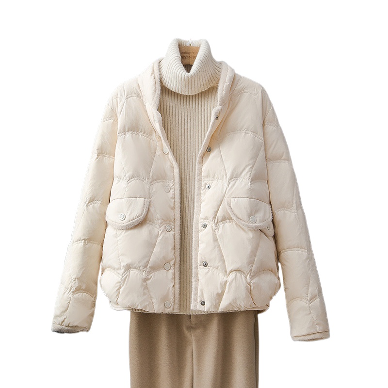 2024年冬季新款羽绒服女白鸭绒立领花边轻薄短款宽松百塔显瘦外套