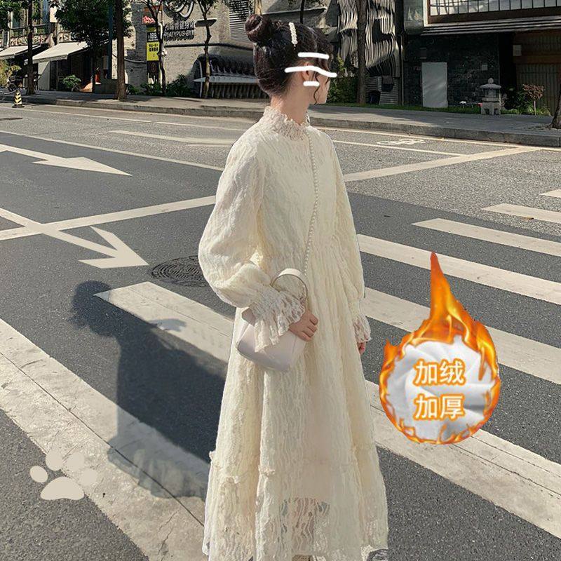 加绒加厚中长款蕾丝裙配大衣外套的内搭森系仙女连衣裙秋冬打底裙