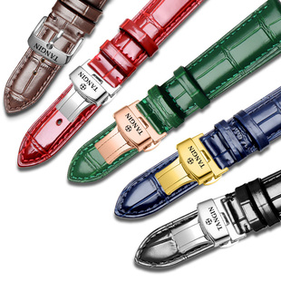 天珺表带真皮男女款头层牛皮表带针扣蝴蝶扣黑色棕蓝色手表链20mm