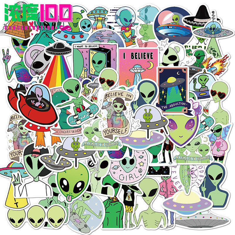 50张绿色外星人UFO亚文化贴纸水杯行李箱笔记本电脑汽车防水贴画