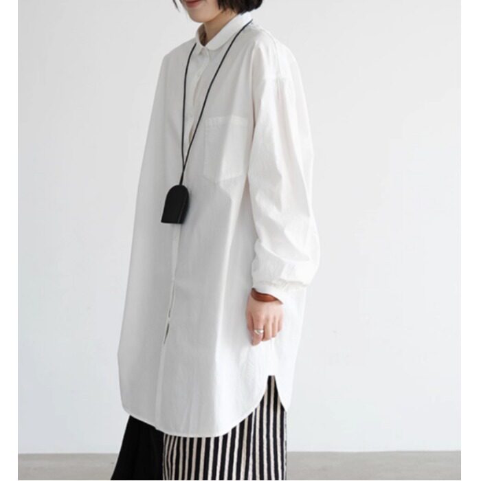 日系春季白长衬衫纯棉休闲大码胖MM小翻领长袖中长款衬衫连衣裙