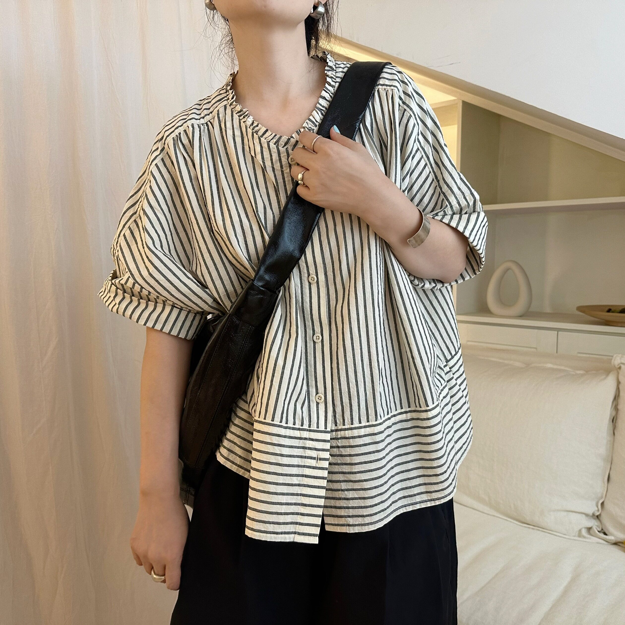 2026夏季新款色织条纹小众日系大码女装胖MM全棉小衫宽松休闲上衣