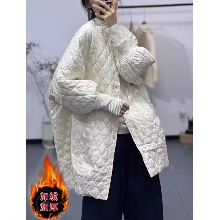 秋冬新款纯色压格简约百搭中长款宽松显瘦大码胖MM韩版外套棉服女