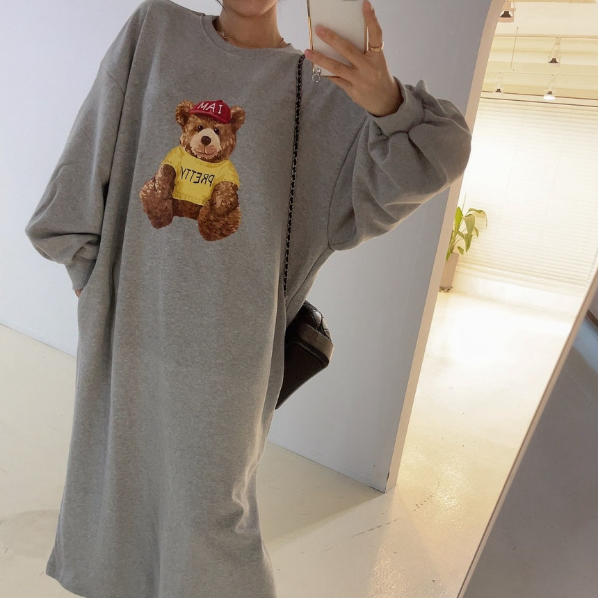 韩国chic2026秋冬宽松大码女长款懒人卫衣裙女中长款中长款连衣裙