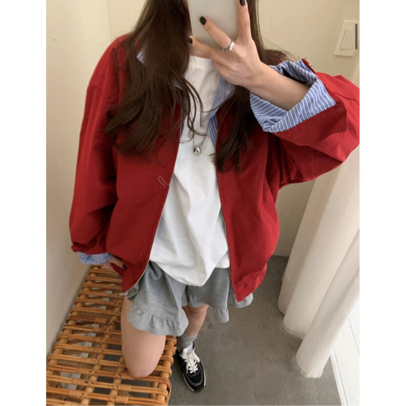 韩风chic2026秋季时尚条纹拼接翻领开衫夹克大码慵懒外套上衣开衫
